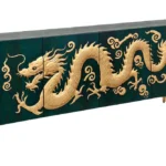 Sideboard DRAGON 180cm 3D-Drachenfront Mangoholz türkis mit goldfarbenen Details