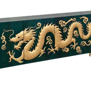 Sideboard DRAGON 180cm 3D-Drachenfront Mangoholz türkis mit goldfarbenen Details