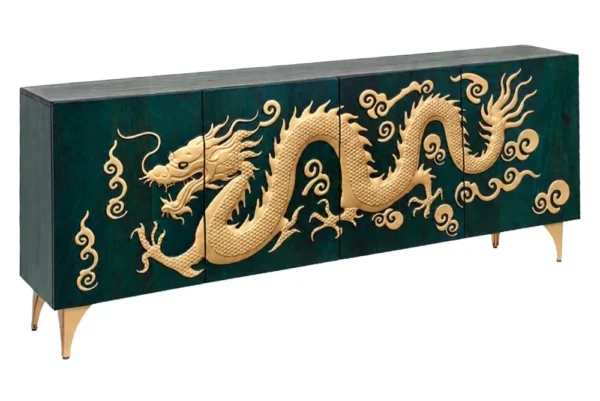 Sideboard DRAGON 180cm 3D-Drachenfront Mangoholz türkis mit goldfarbenen Details