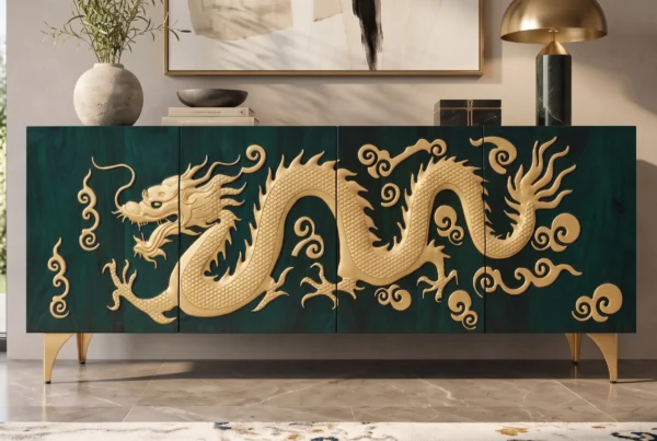 Sideboard DRAGON 180cm 3D-Drachenfront Mangoholz türkis mit goldfarbenen Details