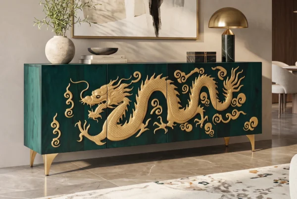 Sideboard DRAGON 180cm 3D-Drachenfront Mangoholz türkis mit goldfarbenen Details