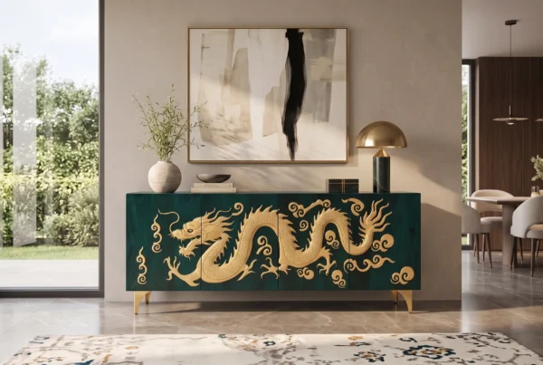 Sideboard DRAGON 180cm 3D-Drachenfront Mangoholz türkis mit goldfarbenen Details